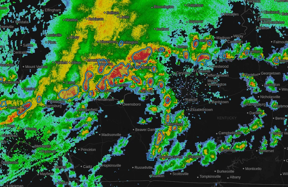 Archived NEXRAD reflectivity over the Ohio valley, with severe thunderstorm warning polygons outlined on it