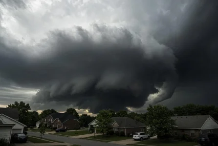 A low, ragged cloud base hanging beneath a dark storm over a suburban street